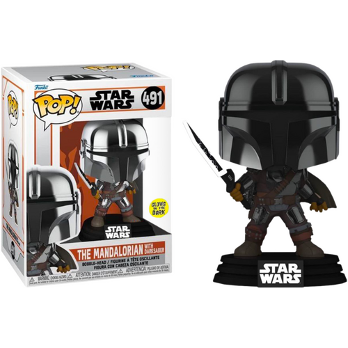 Star Wars: The Mandalorian - Mandalorian with DarkSaber Glow Metallic US Excl #491 Pop! Vinyl