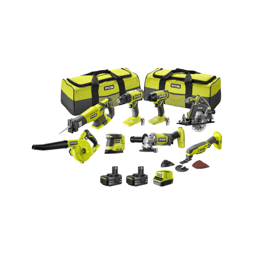 RYOBI 18V ONE+ 8-Piece Kit too, kit of power tools includeing drill saw etc
