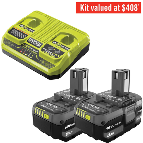 Ryobi 18V ONE+ Twin 5.0Ah Starter Kit 2 batteries and battery charger