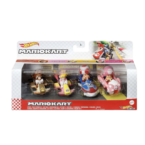 Hot Wheels Mario Kart Tanooki Mario, Cat Peach, Toad & Toadette Diecast Car 4-Pack