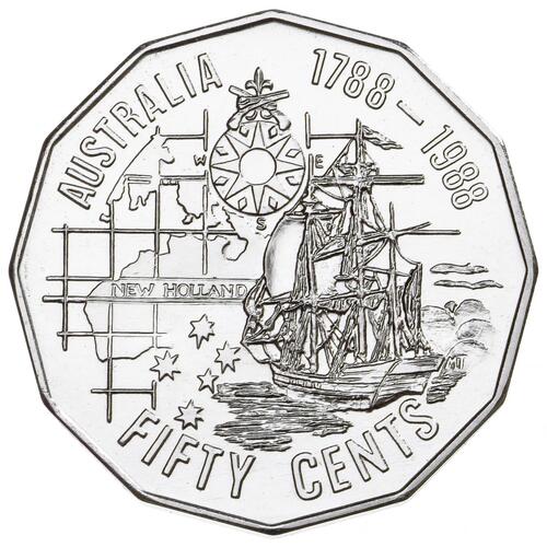 1988 Australian Bicentennial 50c Endeavor First Fleet Fifty Cent Circlulated Coin (9.0m)