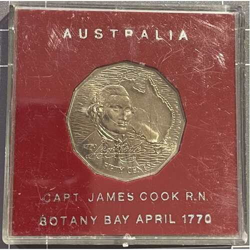 50c 1970 Captain Cook UNCIRCULATED AUS Fifty Cent Coin in red collector case (16.5m)