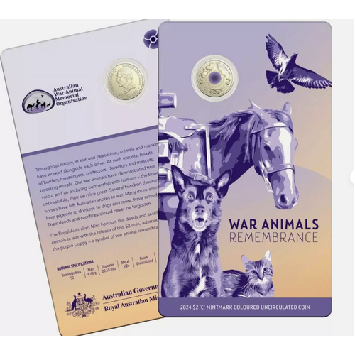 2024 $2 ‘C’ Mintmark purple poppyt Coloured Uncirculated Coin in Card–War Animals Remembrance