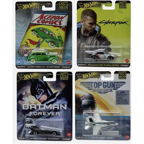 Hot Wheels 2024 Pop Culture F Case Set of 4 Cars batman top gun action comic cyberpunk