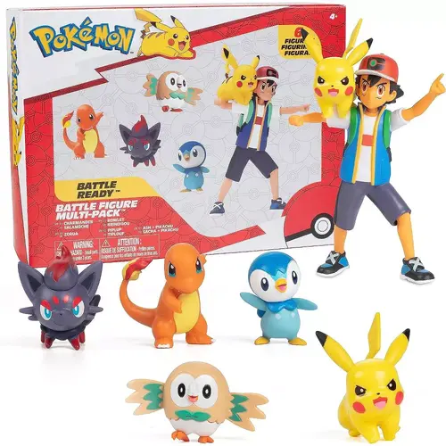 Pokémon Battle Ready! Figure Set Toy, 6 Pieces - Includes 4.5" Ash & Launching Pikachu, 2" Charmander, Rowlet, & More