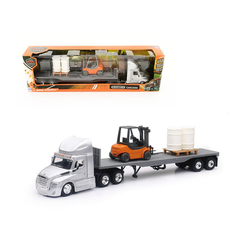 NewRay Licensed 1:43 Scale Freightliner Cascadia Flatbed With Forklift & Barrels Diecast Model Truck