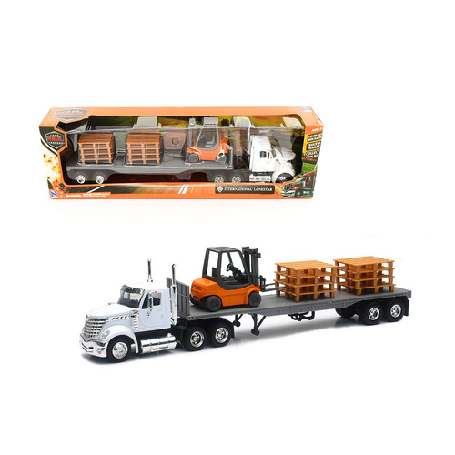 NewRay Licensed 1:43 Scale International Lonestar Flatbed With Forklift & Pallet Diecast Model Truck